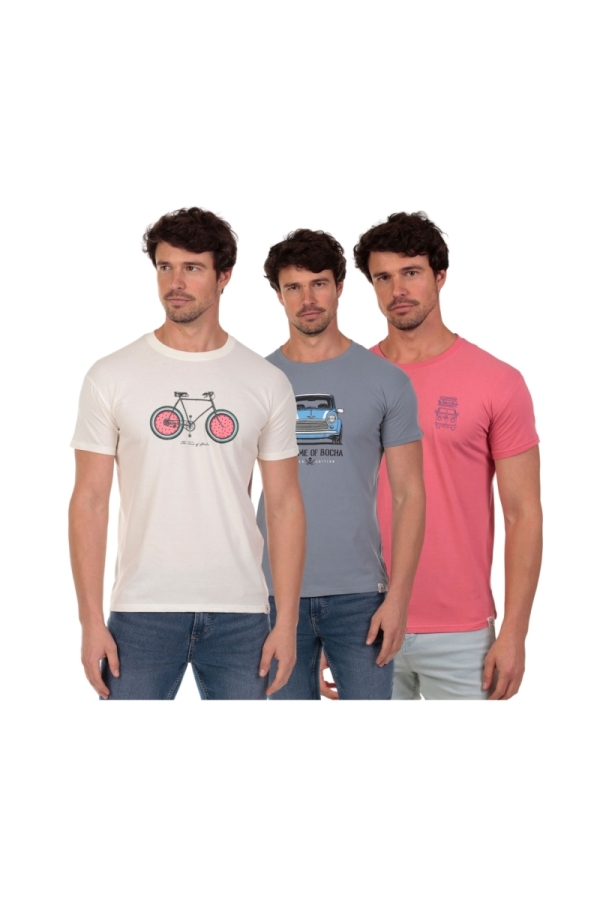 Pack 3 Camisetas Hombre The Time Of Bocha QV1PK.CM Blanco-Azul-Coral