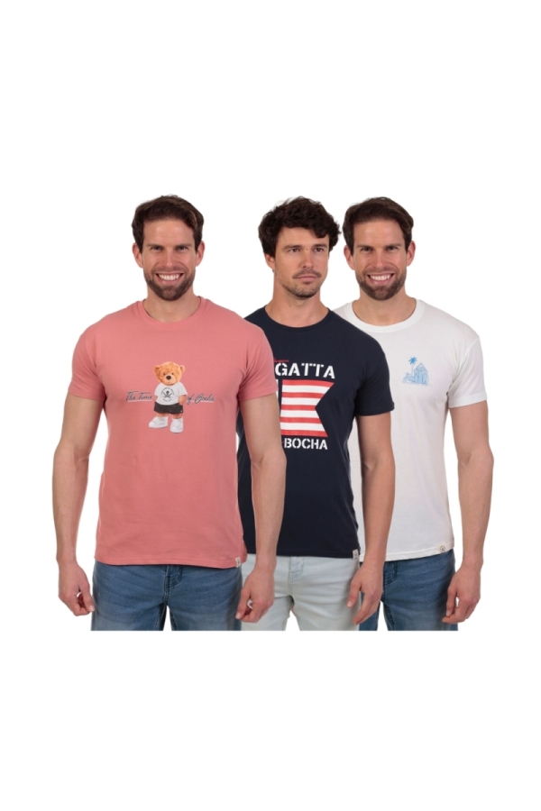 Pack 3 Camisetas Hombre The Time Of Bocha QV1PK.CM Rosa-Marino-Blanco