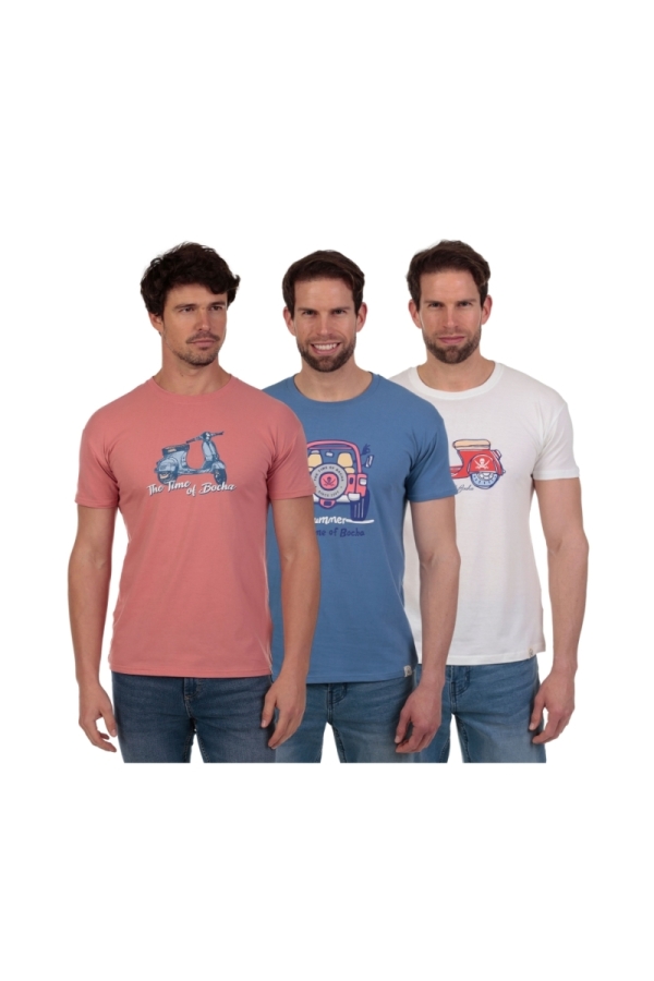 Pack 3 Camisetas Hombre The Time Of Bocha QV1PK.CM Rosa-Azul-Blanco