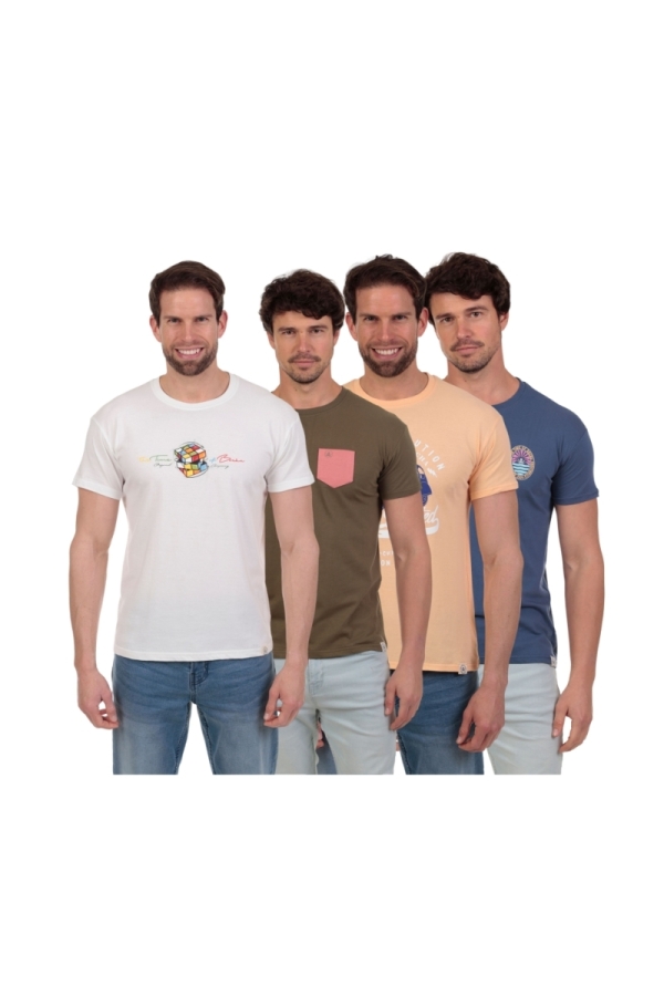Pack 4 Camisetas Hombre The Time Of Bocha QV1PK.CM Blanco-Kaki-Apricot-Denim