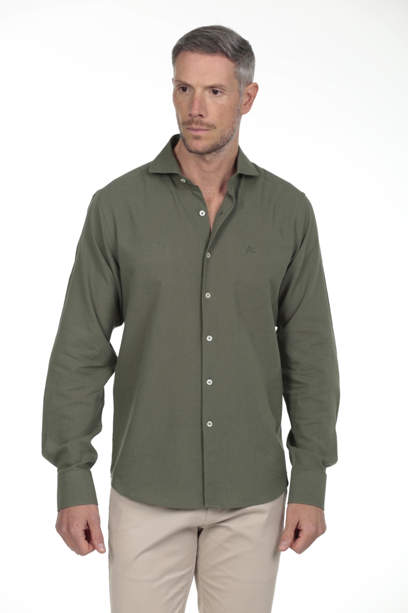 Camisa Lino Cuello Sangrado Semiitaliano Hombre The Time Of Bocha RV1CSEMI Verde