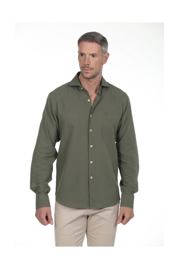 Camisa Lino Cuello Sangrado Semiitaliano Hombre The Time Of Bocha RV1CSEMI Verde
