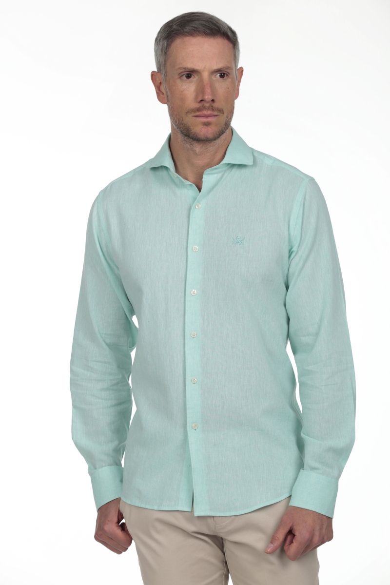 Camisa Lino Cuello Sangrado Semiitaliano Hombre The Time Of Bocha RV1CSEMI Verde Agua