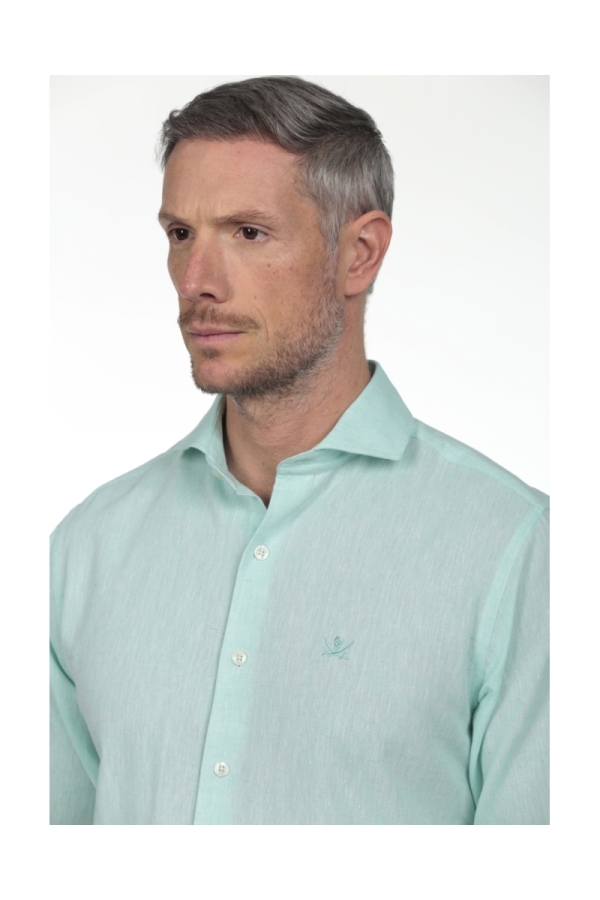 Camisa Lino Cuello Sangrado Semiitaliano Hombre The Time Of Bocha RV1CSEMI Verde Agua